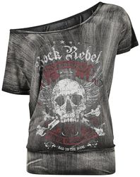 Tummanharmaa T-paita leveällä pääntiellä ja painatuksella, Rock Rebel by EMP, T-paita