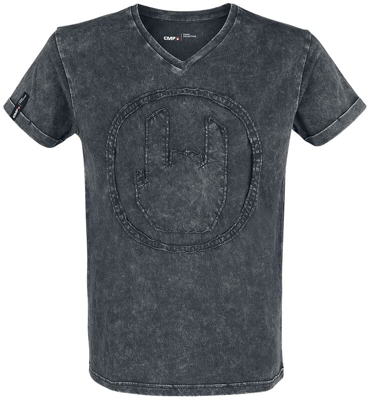 Harmaa T-paita erikoispesulla ja Rockhand-applikoinnilla