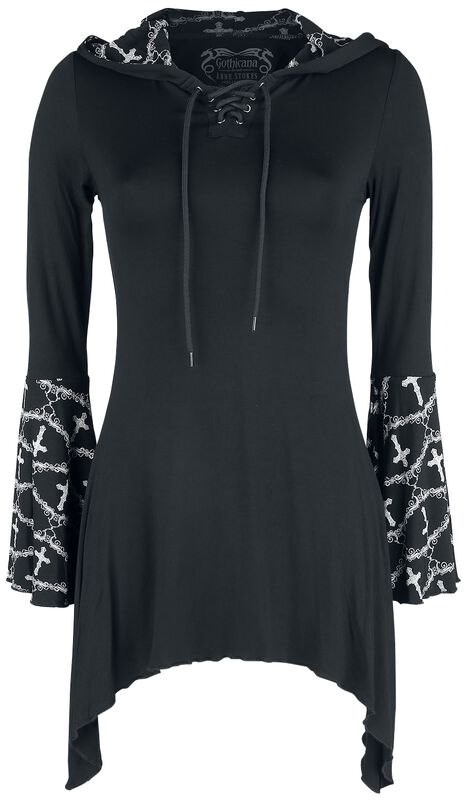 Gothicana X Anne Stokes - musta pitkähihainen paita nyöreillä, painatuksella ja isolla hupulla