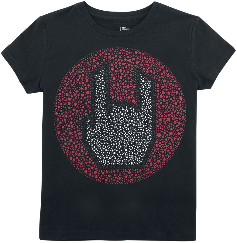 T-paita pilkuilla ja Rock Hand -logolla