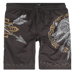 Swim Shorts With Arrow and Wolf Print, Black Premium by EMP, Uimashortsit