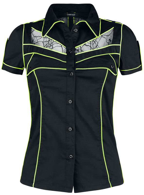 Musta lyhythihainen paita neon-värisillä yksityiskohdilla ja läpinäkyvillä osilla