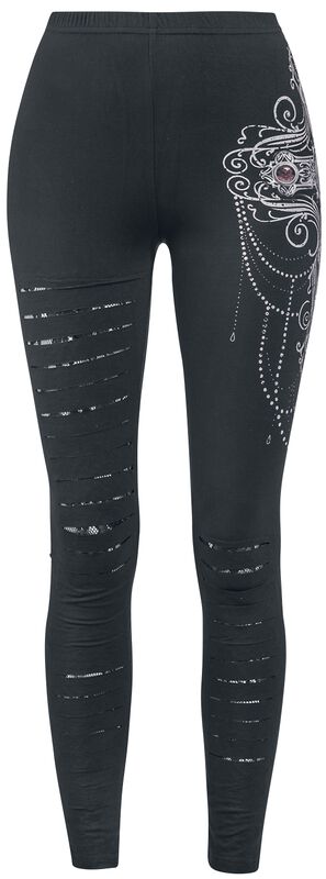 Gothicana X Anne Stokes - mustat leggingsit leikkauksilla ja painatuksella