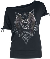 Gothicana X Anne Stokes - musta T-paita painatuksella ja nyöreillä