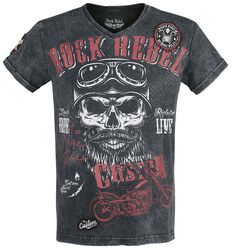 Musta T-paita V-kaula-aukolla ja painatuksella, Rock Rebel by EMP, T-paita