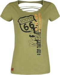Rock Rebel X Route 66 - oliivinvihreä T-paita pin-up-painatuksella ja leikkauksilla