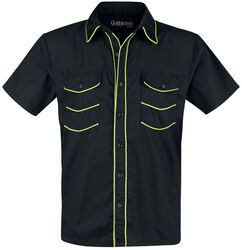 Musta lyhythihainen paita neonvärisillä yksityiskohdilla